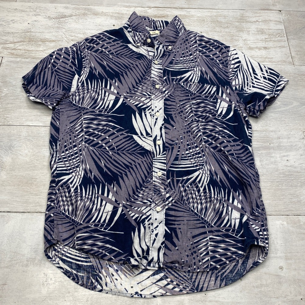J.Crew Linen Shirt Mens M Blue Grey Palm Tropical Slim Short Sleeve Button Up